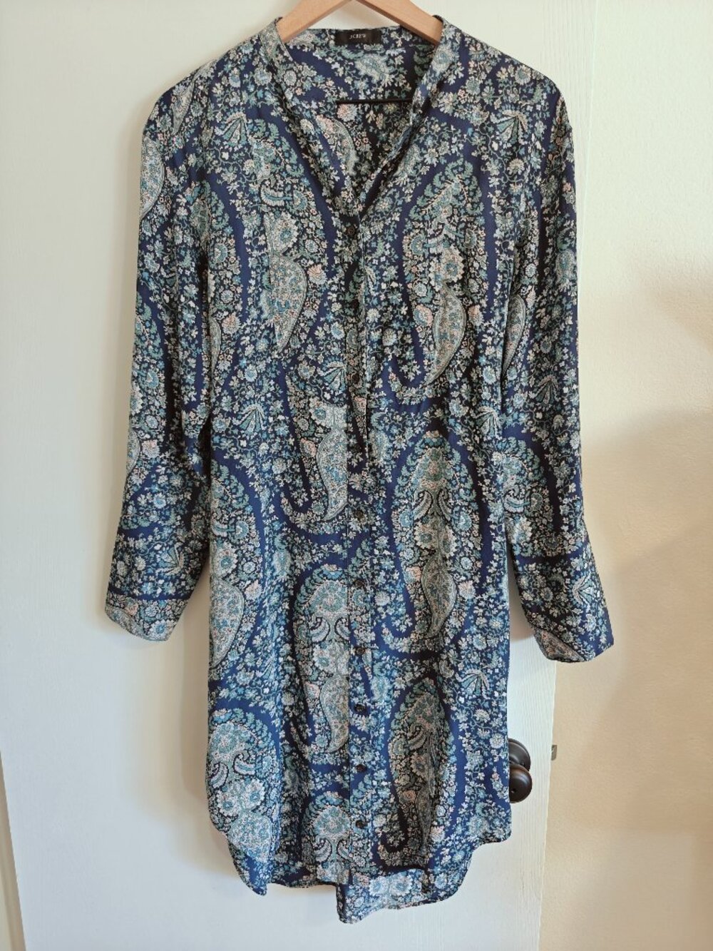 J.Crew 100% Silk Blue Paisley Tie Front Midi Shirtdress Sz. 6
